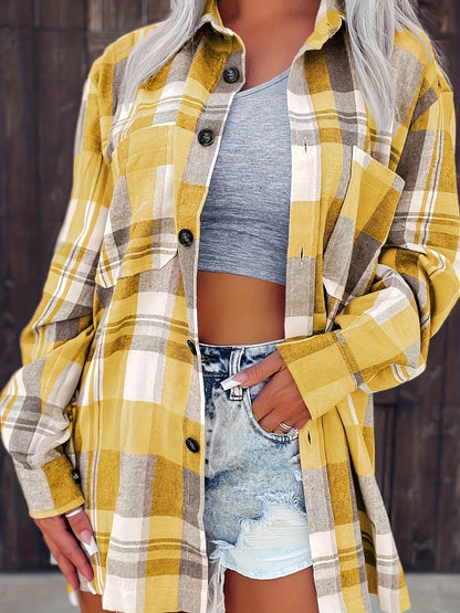 Checked Blouse Long Sleeve with Button Closure for Women