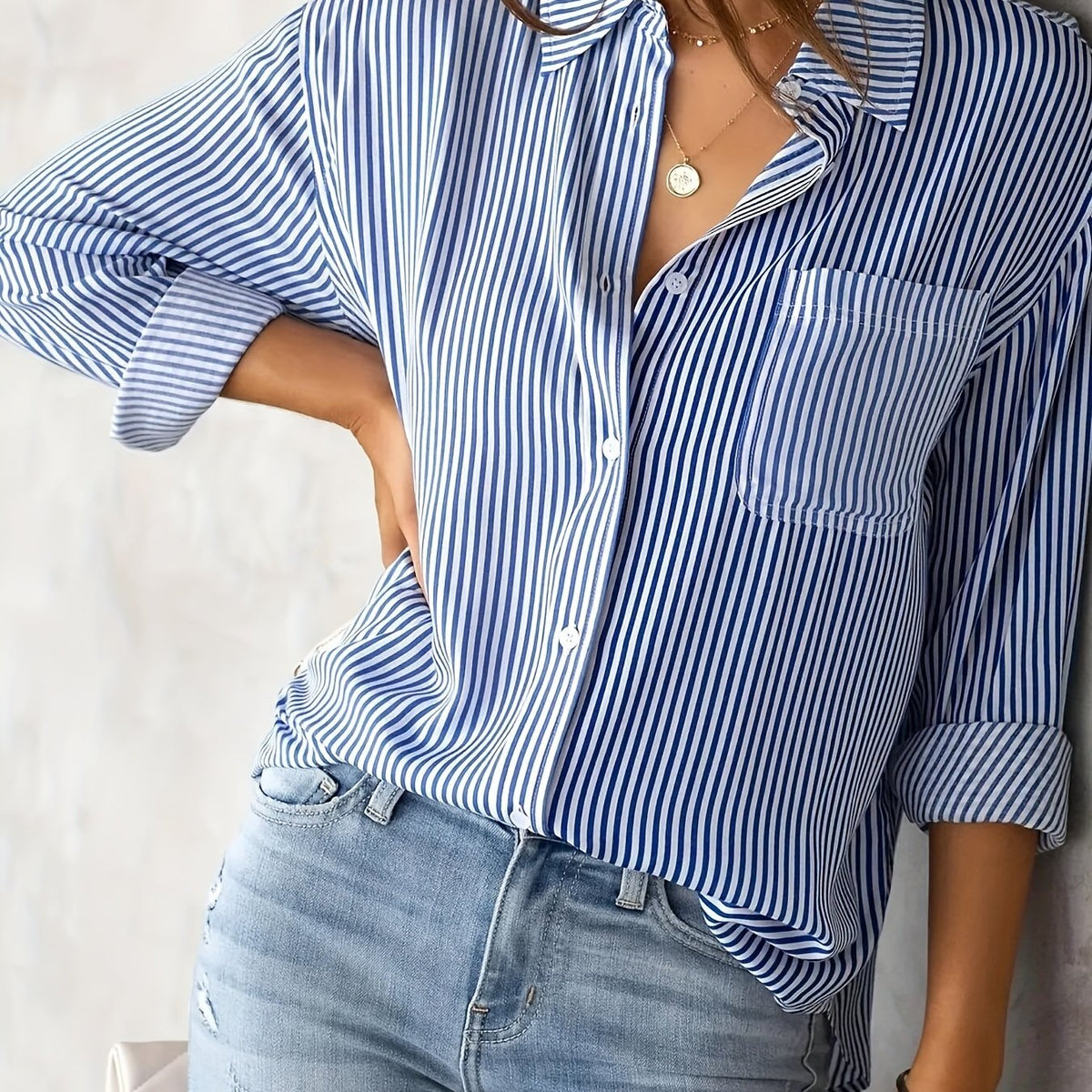 Chic Ladies Striped Blouse with Collar and Button Closure
