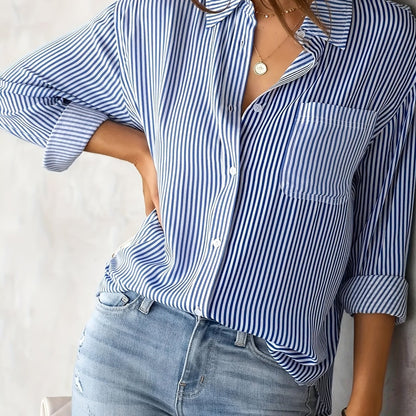 Chic Ladies Striped Blouse with Collar and Button Closure
