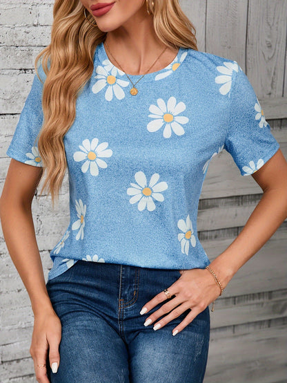 Daisy Flower Print Crewneck T-shirt – Casual and Breathable for Spring and Summer