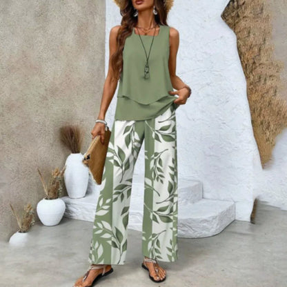 Ladies Print Suit Set - Sleeveless Double Layer Vest & Loose Straight Pants