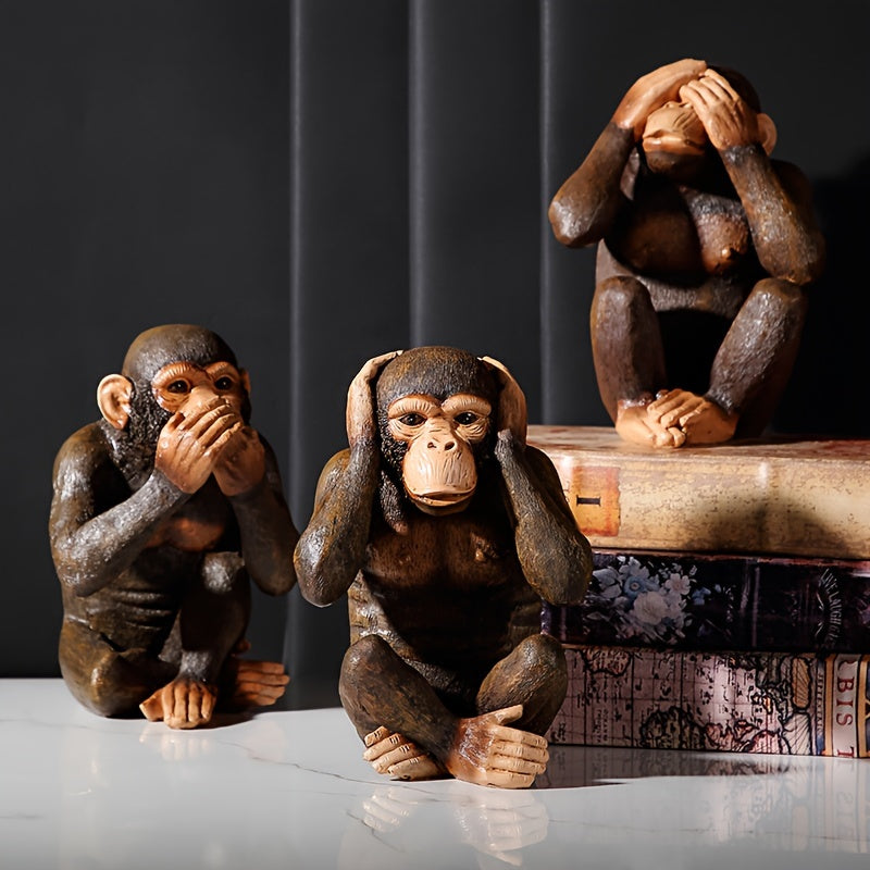 Set of 3 Chimpanzee Figurines - Playful and Realistic for Your Interior