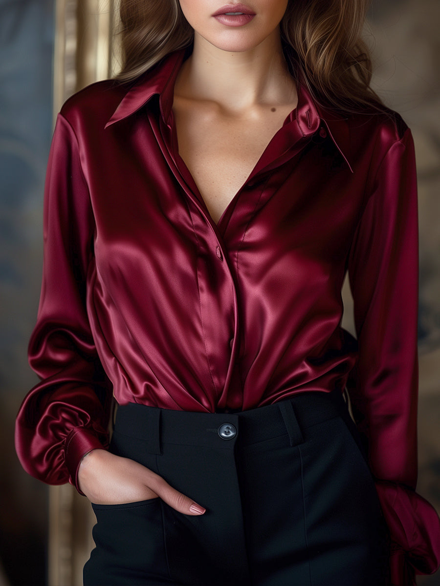 Ladies Elegant Satin Blouse with Button Closure and Long Sleeves