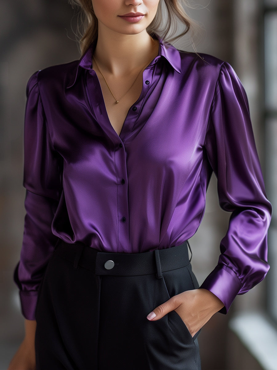 Satin Ladies' Blouse with Long Sleeves and Notched Collar – Elegant and Comfortable