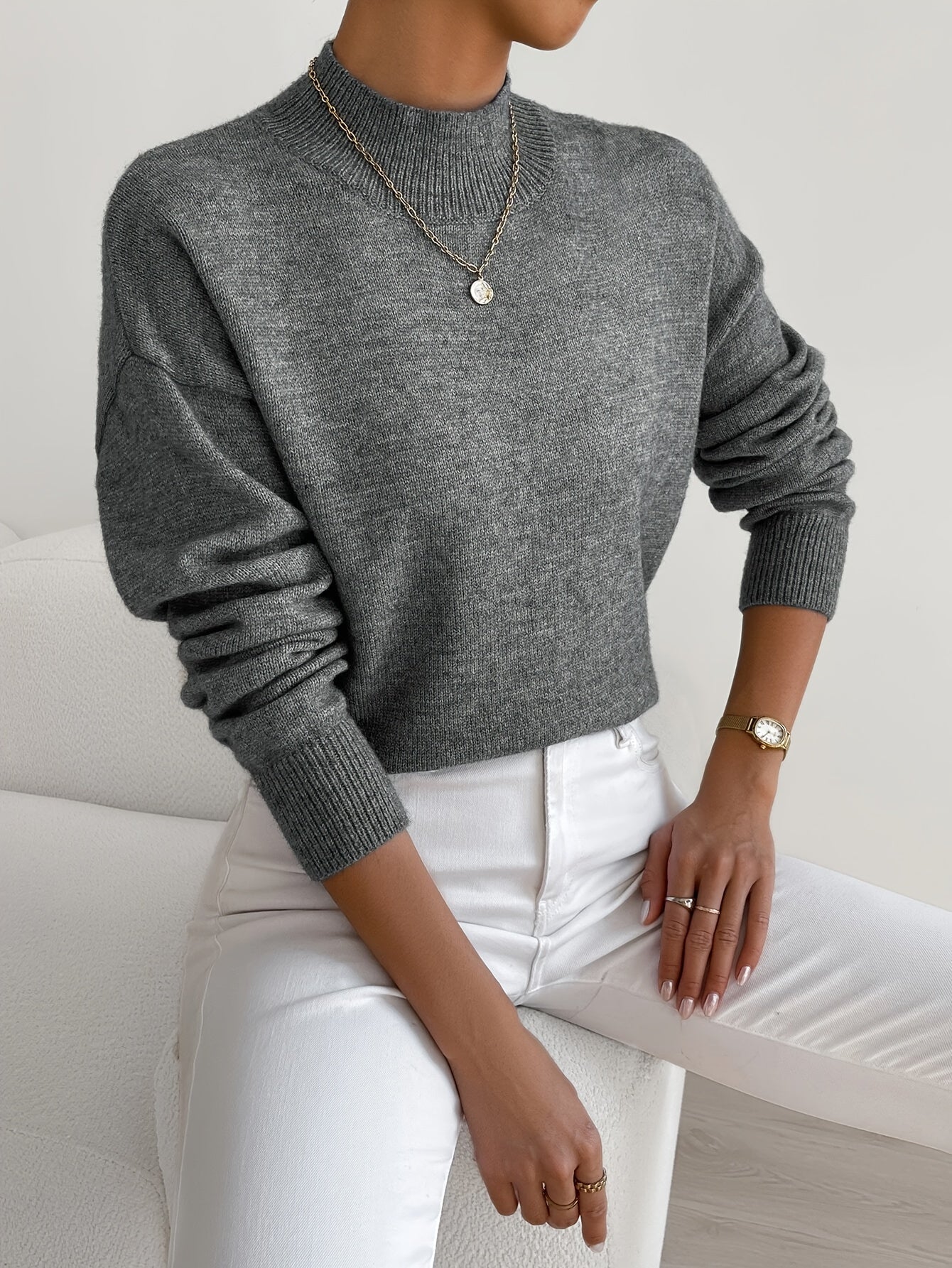 Damen Strickpullover – Weicher Stoff mit hohem Kragen für zusätzlichen Komfort