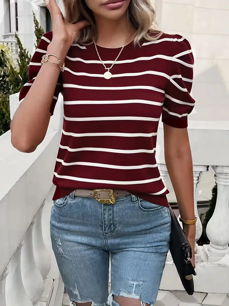 T-shirt rayé pour femme avec manches bouffantes