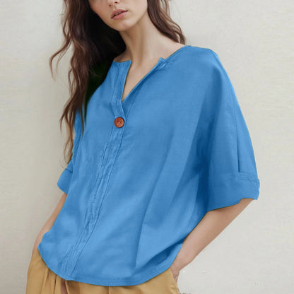 Loose-Fitting V-Neck Blouse with Three-Quarter Sleeves