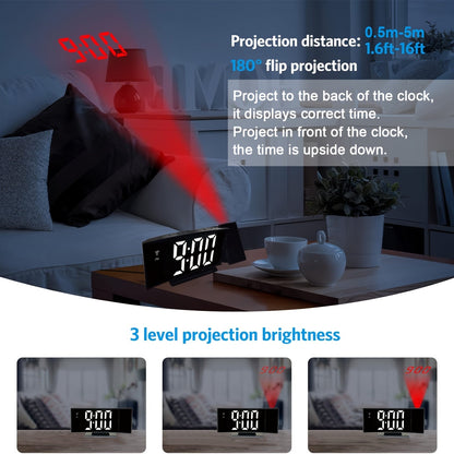 Digital Projection Alarm Clock – LED Display with Snooze Function and Adjustable Brightness
