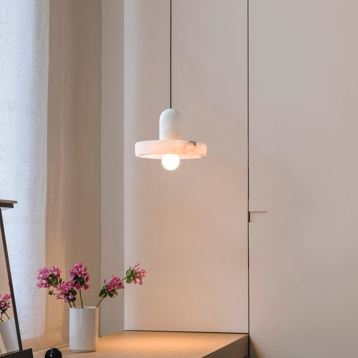 Modern White Alabaster Pendant Lamp with Marble Shade