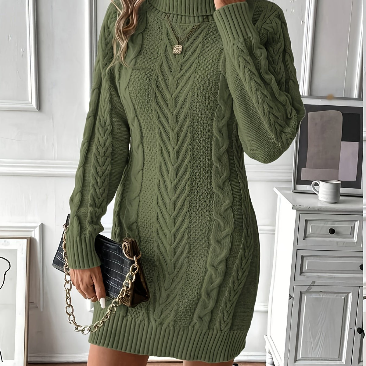 Chic Col Mini Sweater Dress for Women with Cable Pattern