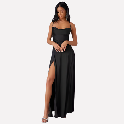 Maxi dress for women with an open back and high side slit.