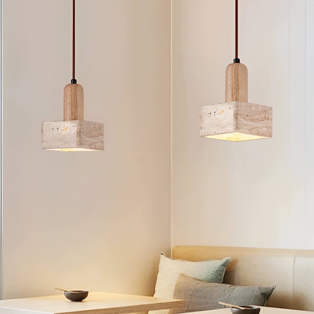 Lámpara colgante cuadrada LED de lujo de travertino y madera