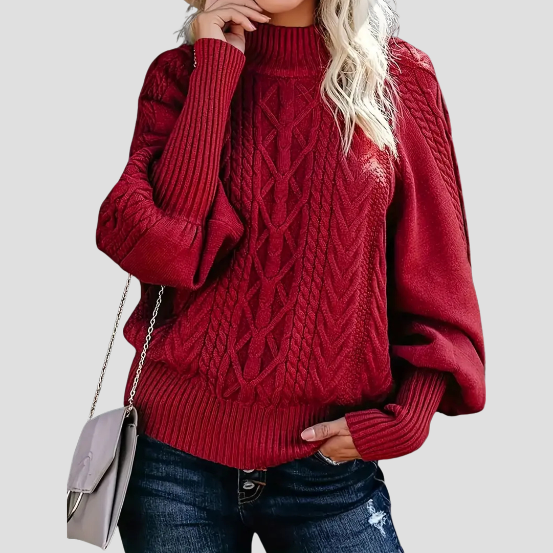 Jersey de punto con diseño de ochos y cuello alto para mujer, cálido y con mangas abullonadas