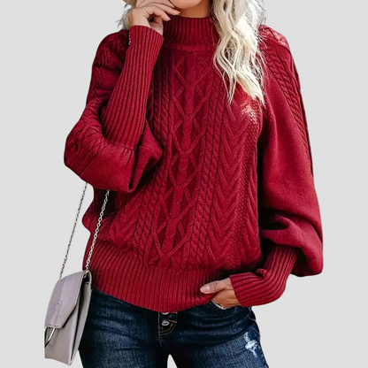 Cable Knit Ladies Turtleneck Warm with Balloon Sleeves