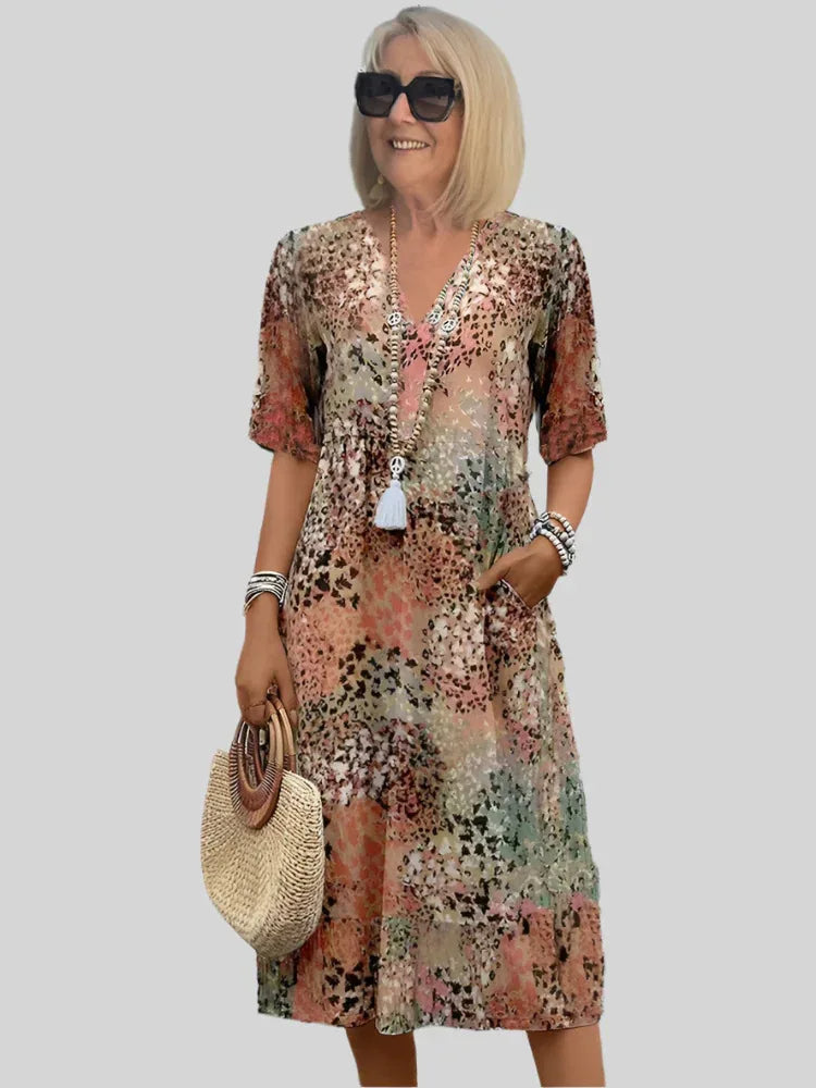 Vintage Print Dress with Lace and V-Neck