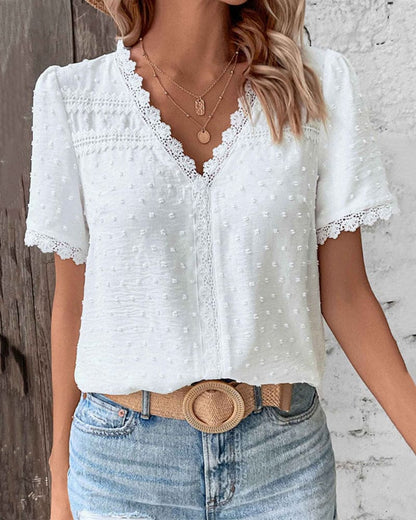 Lace Women's Blouse with Short Sleeves and V-Neck - Romy