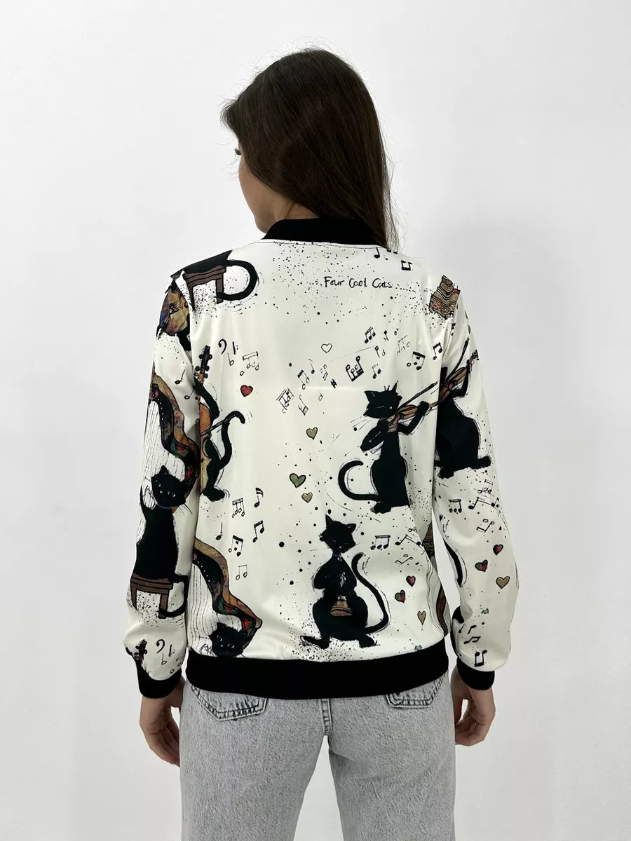 Women's Lightweight Bomber Jacket with Zip and Graphic Print