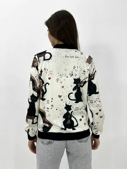 Women's Lightweight Bomber Jacket with Zip and Graphic Print