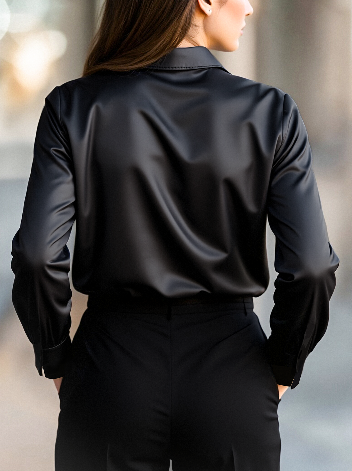 Satin Ladies' Blouse with Long Sleeves and Notched Collar – Elegant and Comfortable