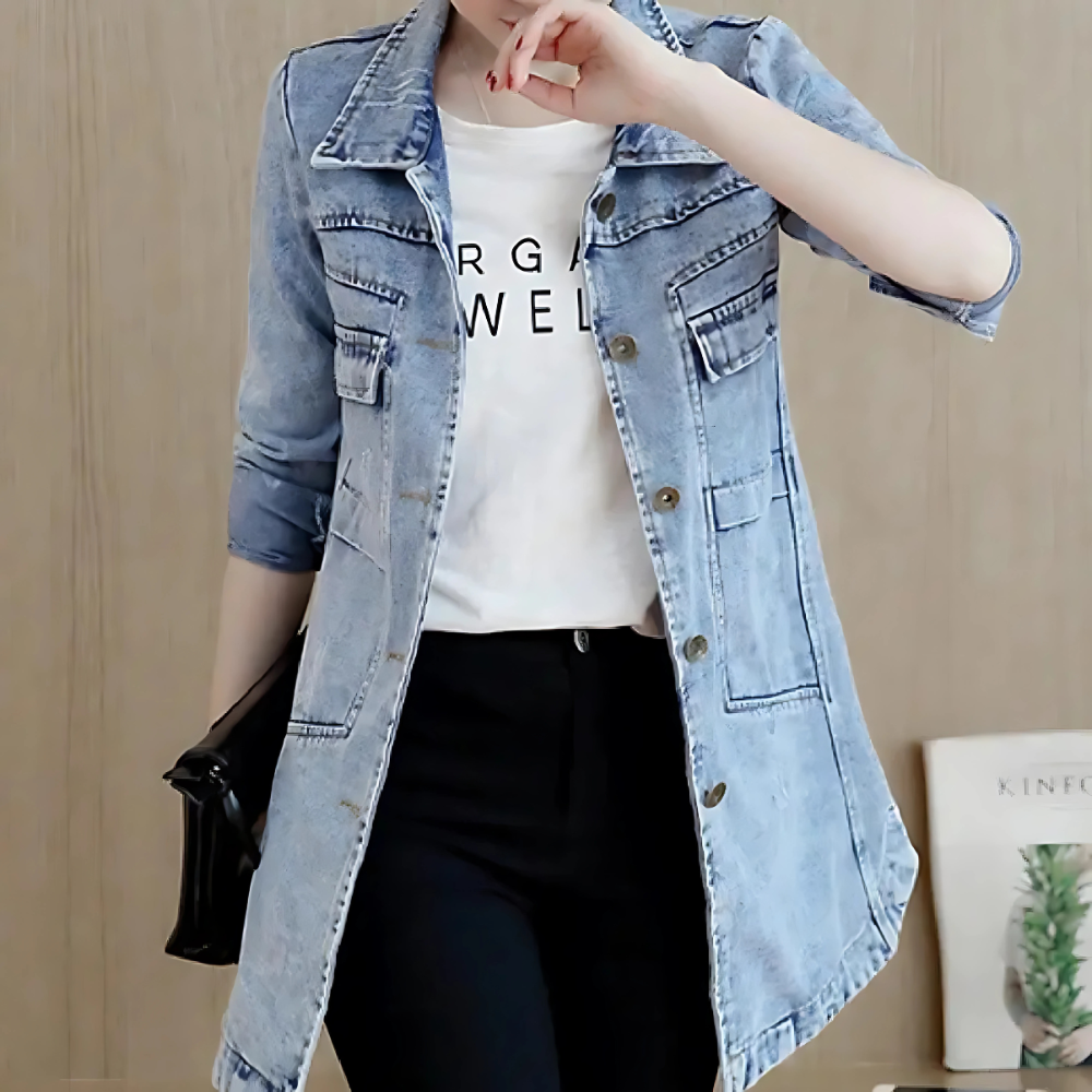Long Denim Jacket for Women with Embroidery Details