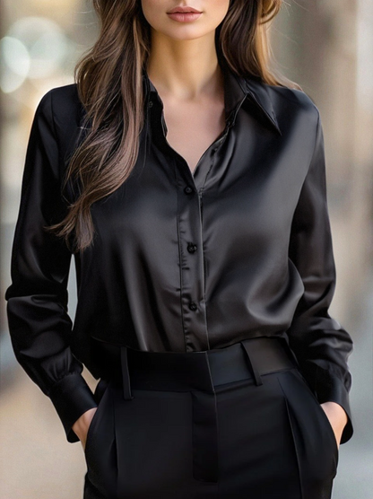 Satin Ladies' Blouse with Long Sleeves and Notched Collar – Elegant and Comfortable