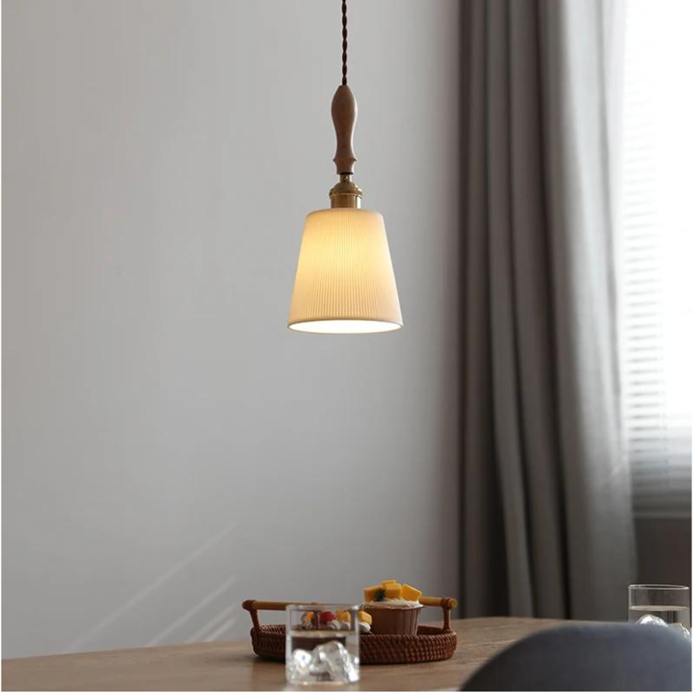 Retro Pendant Light with Ceramic and Wood - Adjustable