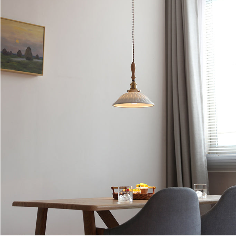 Japandi Wave Pendant Lamp – Ceramic & Wood Design