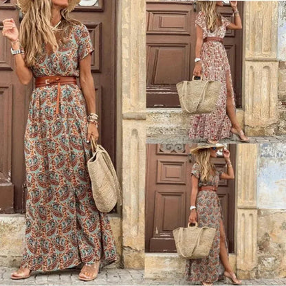 Summer Boho Dress with Floral Print and V-Neck