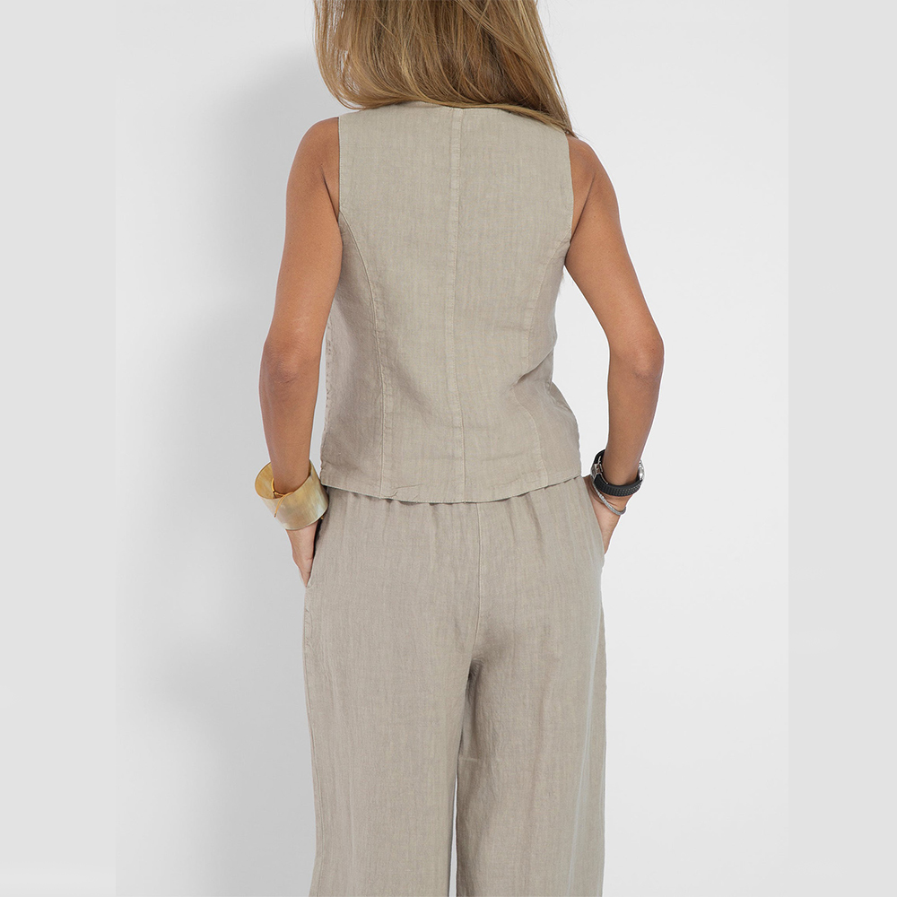 Summer Sleeveless V-Neck Waistcoat and Loose Straight Trousers