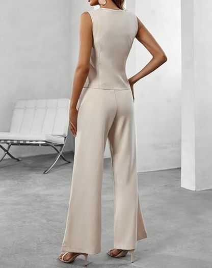 Tailored Waistcoat Ladies Suit with Wide Trousers and Buttons
