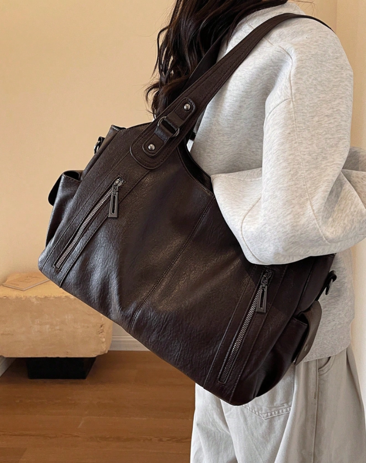 Ladies Shoulder Bag Leather with Zipper Pockets and Double Handles