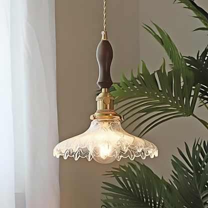 Retro Glass Pendant Lamp with Wooden Accents