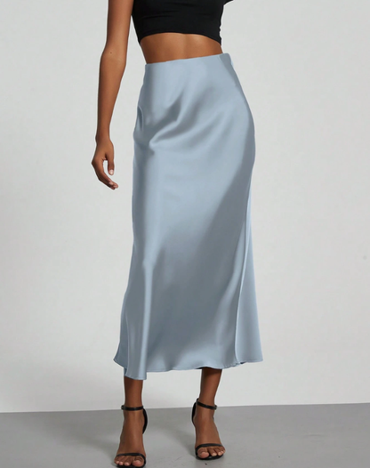 Elegant Satin Look Midi Skirt With High Waist and Fluid Fall