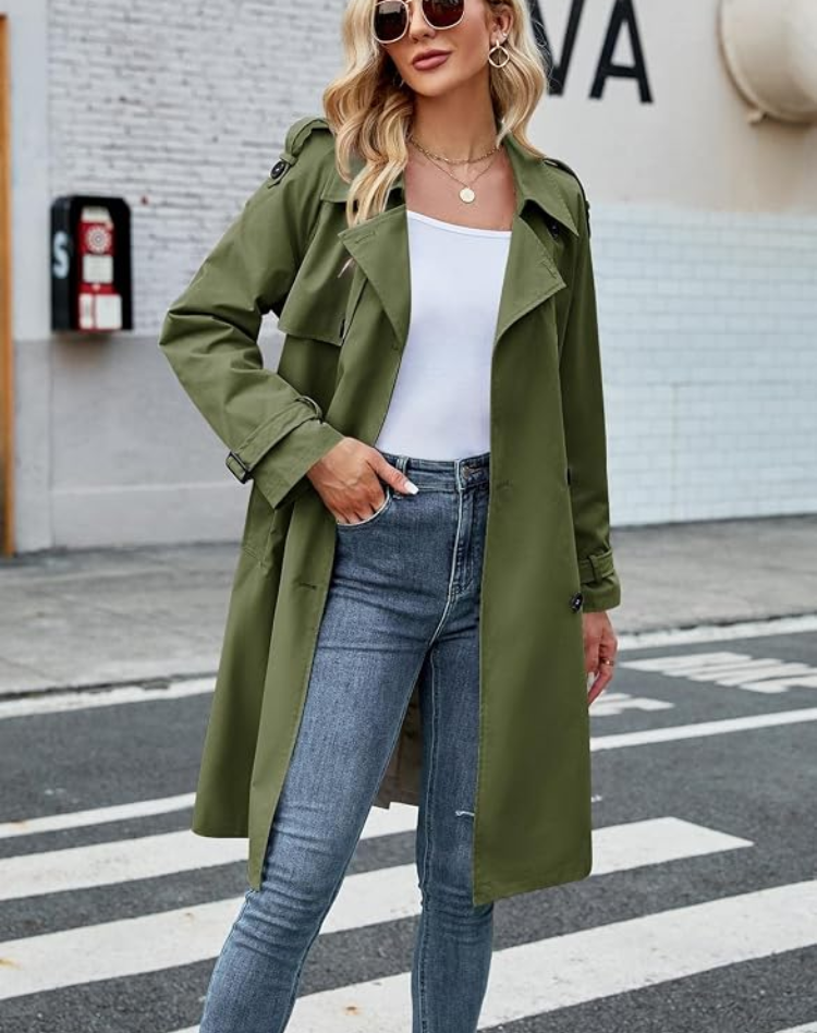 Elegant Women's Midi Trench Coat Double-Breasted with Belt