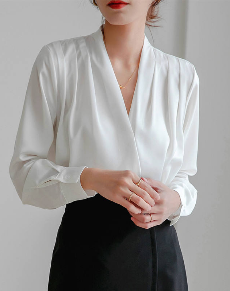 Satin Wrap Blouse With V Neck And Puff Sleeves For Women