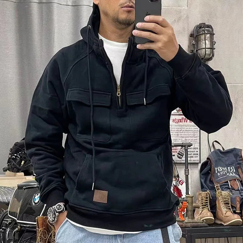 Retro Motor Hoodie for Men with a Rugged Look and Practical Details