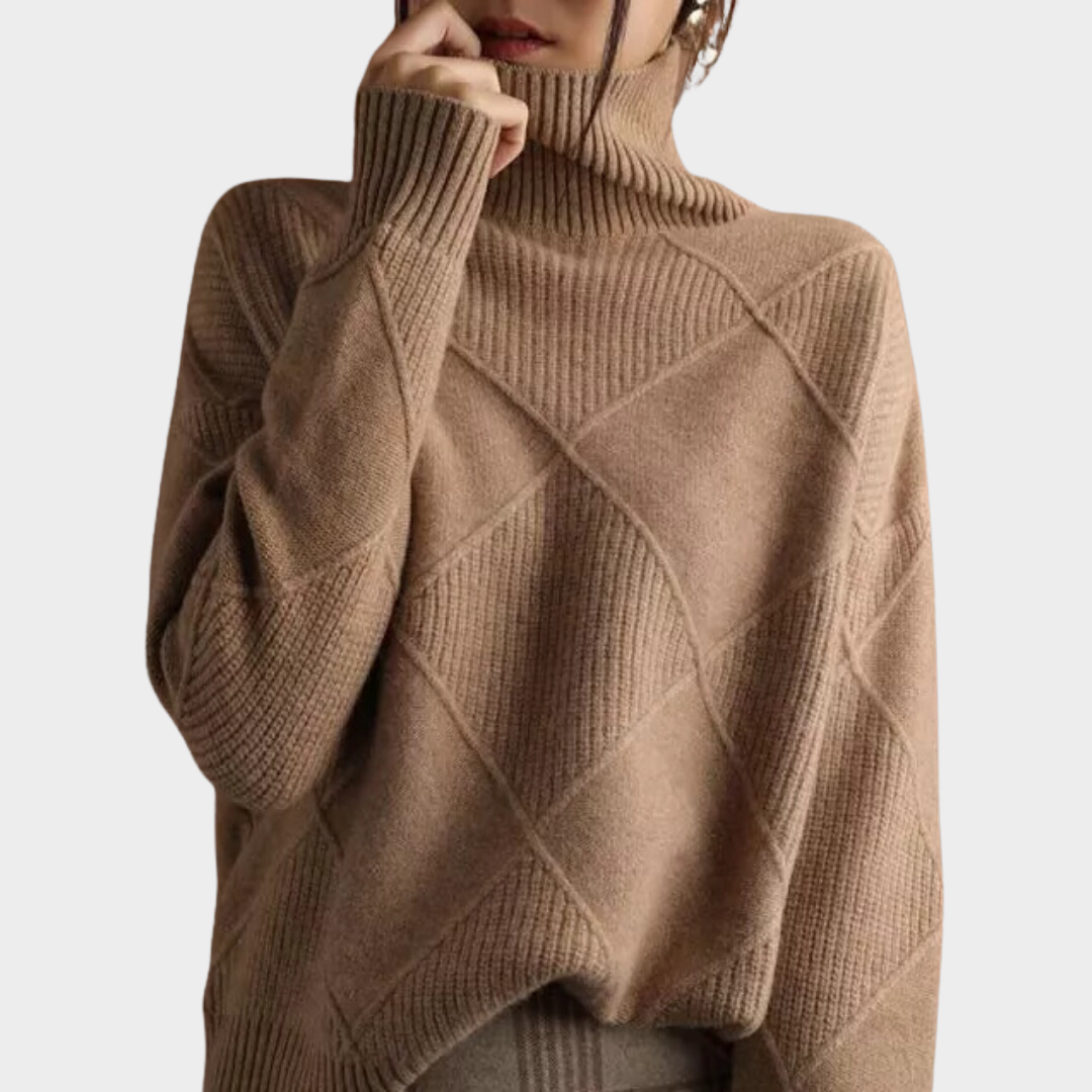 Ladies' Cosy Turtleneck Jumper with Check Pattern and Dropped Shoulders