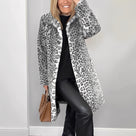 Elegante abrigo largo de invierno para mujer con estampado de leopardo y cuello grande
