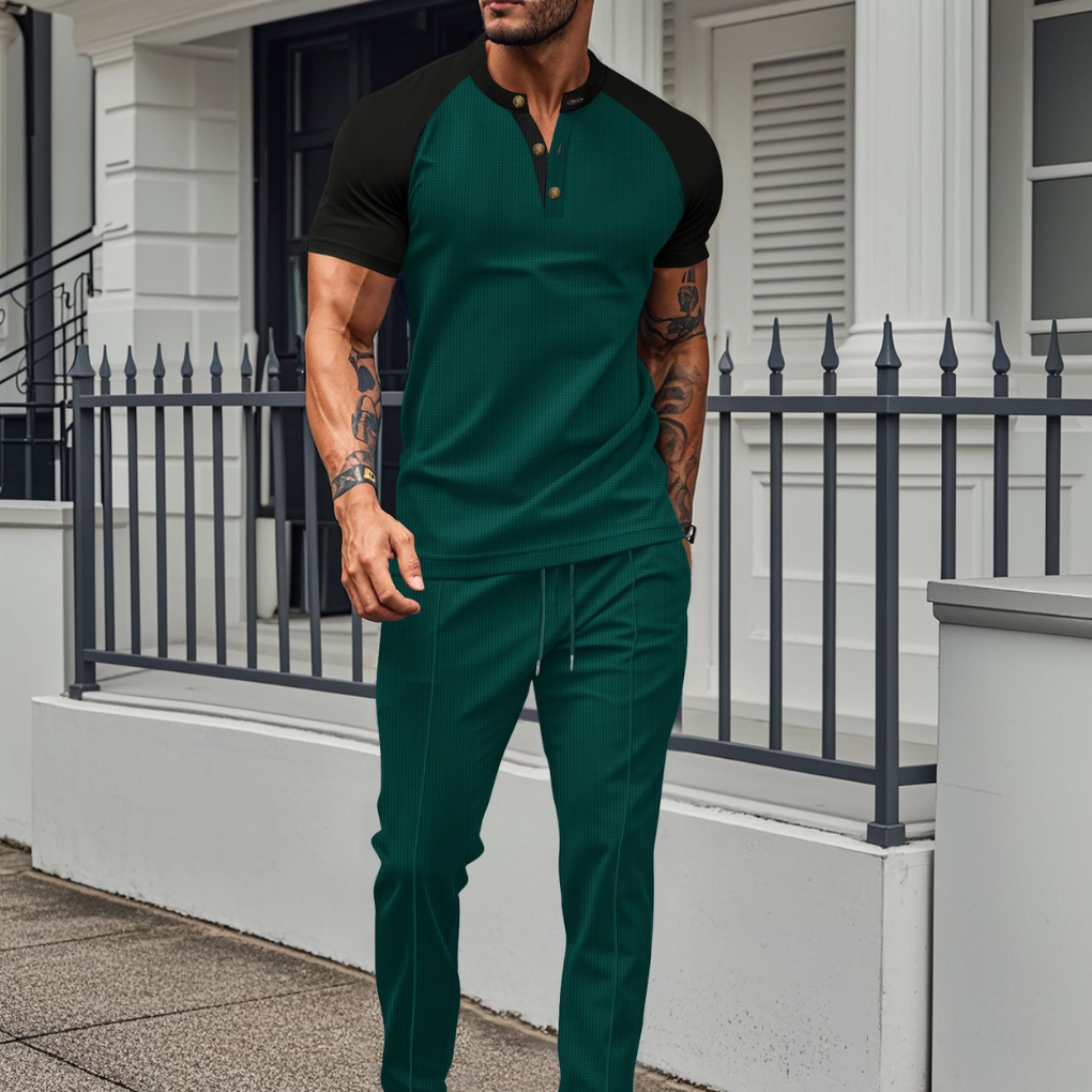 Men's Button-Up Shirt and Waffle Long Trouser Lounge Set