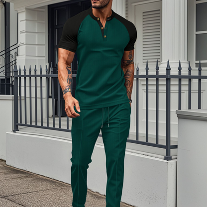 Men's Button-Up Shirt and Waffle Long Trouser Lounge Set