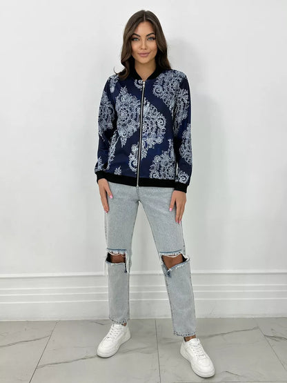 Women's Lightweight Bomber Jacket with Zip and Graphic Print