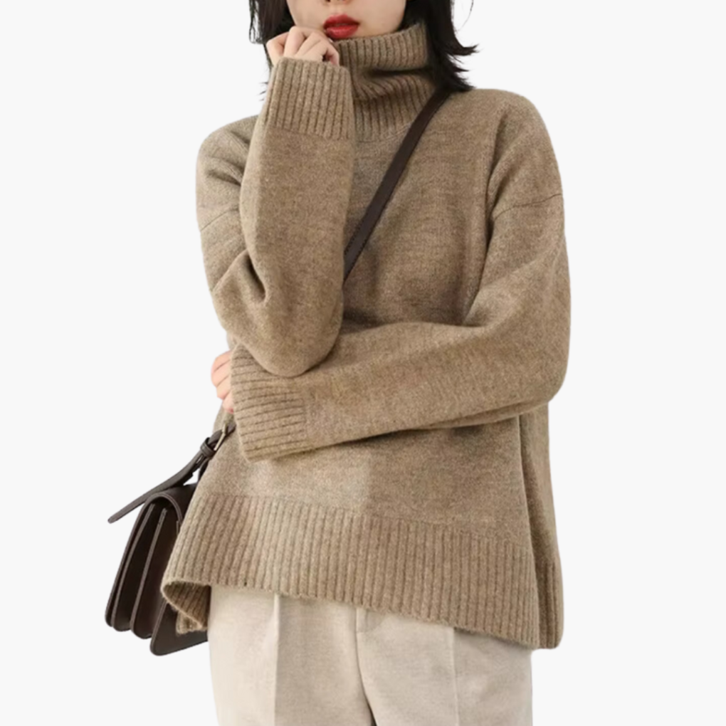 Women's Turtleneck Sweater with Long Sleeves and Ribbed Texture
