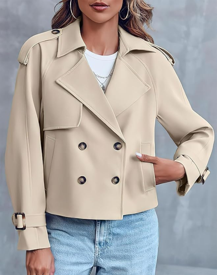 Beige Trench Coat for Women Short Classic with Belt and Button Closure