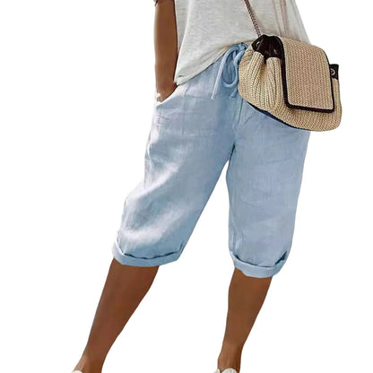 Vintage Knee-Length Trousers with Elastic Waist and Pockets