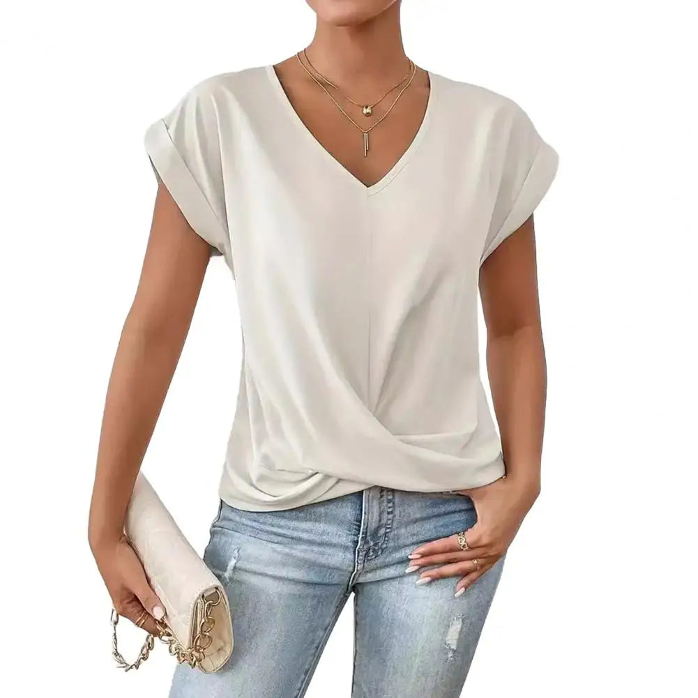 Stylish V-Neck Blouse with Pleated Detail