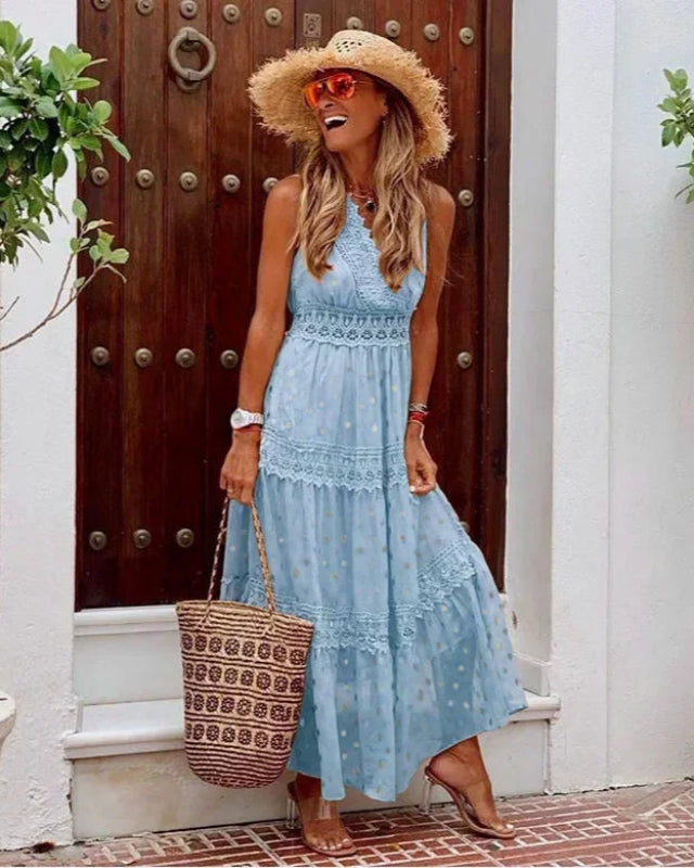 Long Maxi Dress with Print and V-Neck