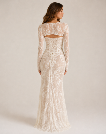 Maxi-avondjurk van kant voor dames met lange mouwen en elegant silhouet