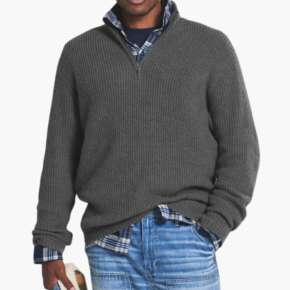 Men's Ribbed Knit Jumper with Half-Zip Neckline