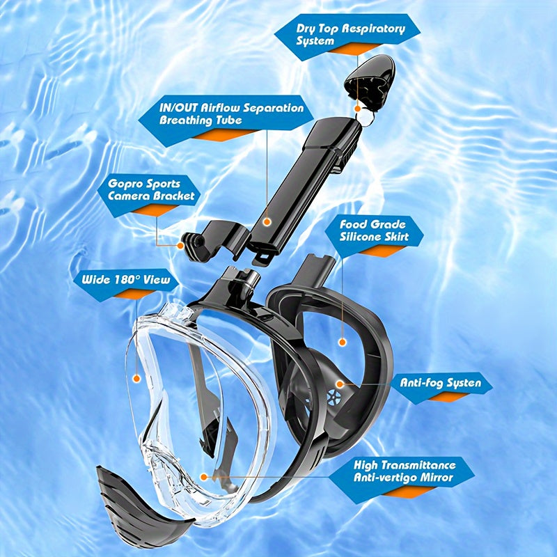 Full Face Snorkel Mask – 180° Panoramic View and Camera Mount for the Perfect Underwater Experience
