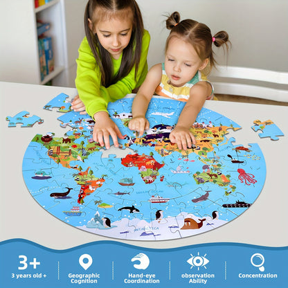 Rompecabezas de suelo de 70 piezas con animales – Diseño de mapa del mundo redondo para niños